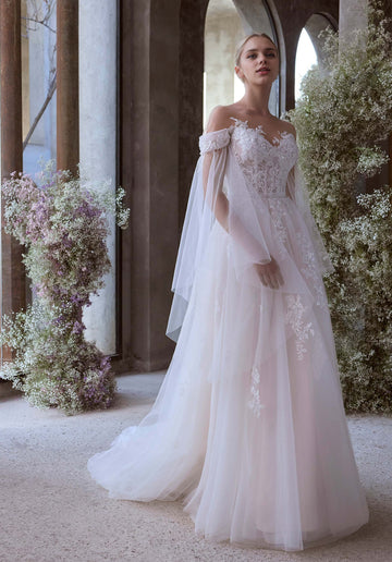 3D Floral Appliqués A-line Off-the-Shoulder Sleeves with Detachable Sleeves Illusion Neckline Wedding Dress
